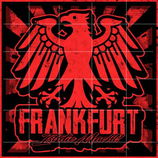 Schwarz-roter Fußball-Sticker mit Frankfurt-Bezug, inspiriert von Fankultur und Stadionatmosphäre