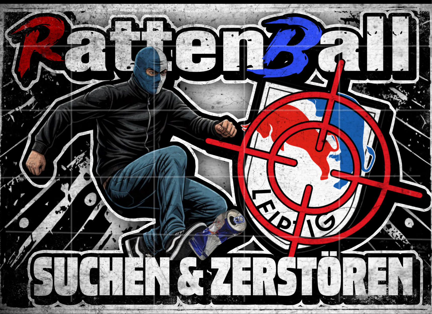 Schwarz-weißer Fußball-Sticker mit Protest-Bezug, inspiriert von Fankultur und Stadionatmosphäre