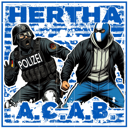 Blau-weißer Fußball-Sticker mit Berlin-Bezug, inspiriert von Fankultur und Stadionatmosphäre