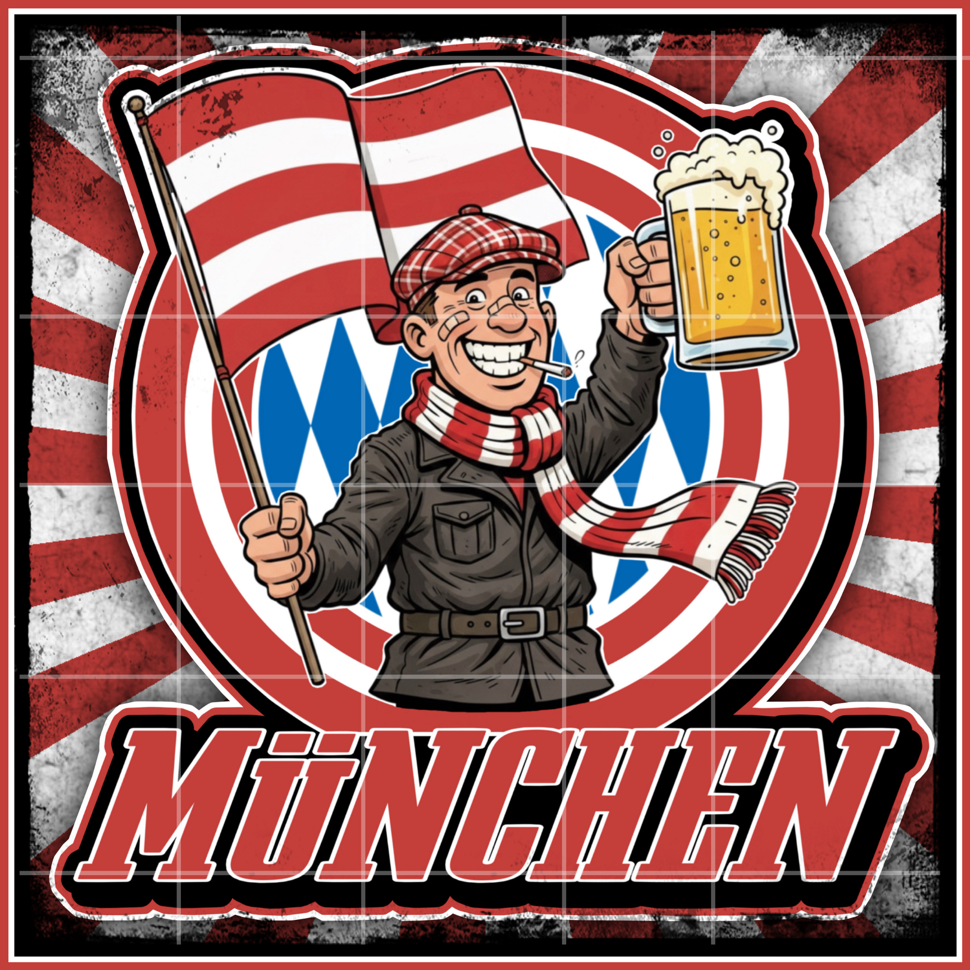 Rot-weißer Fußball-Sticker mit München-Bezug, inspiriert von Fankultur und Stadionatmosphäre