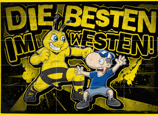 Schwarz-gelber Fußball-Sticker mit Dortmund-Bezug, inspiriert von Fankultur und Stadionatmosphäre