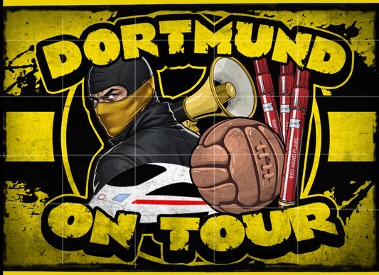Schwarz-gelber Fußball-Sticker mit Dortmund-Bezug, inspiriert von Fankultur und Stadionatmosphäre