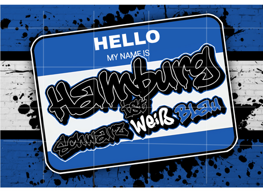 Blau-schwarz-weißer Fußball-Sticker mit Hamburg-Bezug, inspiriert von Fankultur und Stadionatmosphäre